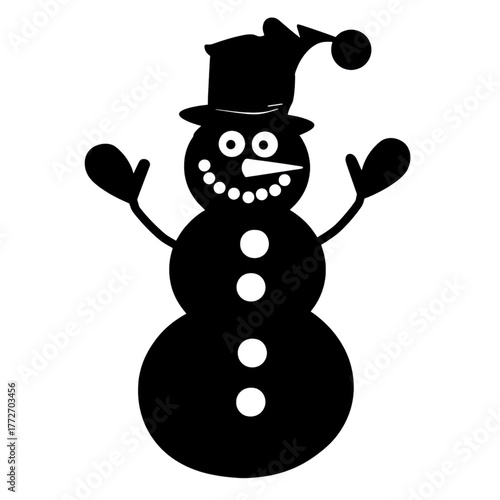 Black snowman silhouette icon with hat and buttons isolated on Transparent Background