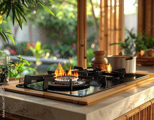 Close Up Of A Kitchen Stove With Flames On Bamboo Countertop In Natural Light With Green Plants