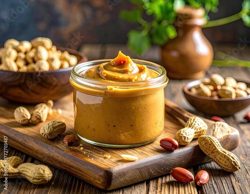 Close Up Peanut Butter Jar Displayed on Wooden Board Surrounded by Peanuts in Shells with Rustic Background