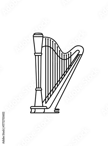 A minimalist black line art illustration elegantly outlines the graceful curves and strings of a classical harp against a clean white background