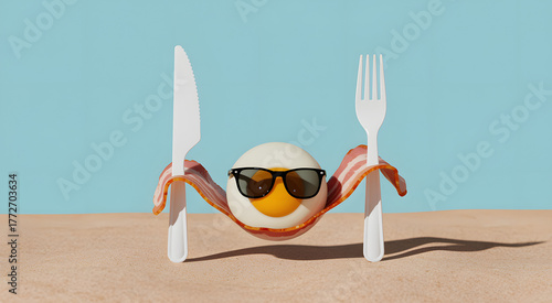 Cool egg character with sunglasses and utensils on beach