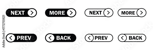 Next and Previous buttons vector icon set. Modern navigation UI elements for web and app design.