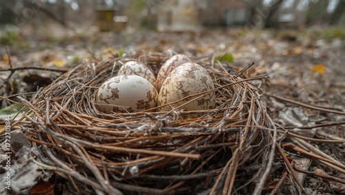 Bird eggs nestled in a natural ground nest, emphasizing the fragility of wildlife