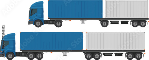 3D rendered illustration of semi trucks with cargo containers, heavy transport vehicles for logistics, shipping, freight, and industrial delivery