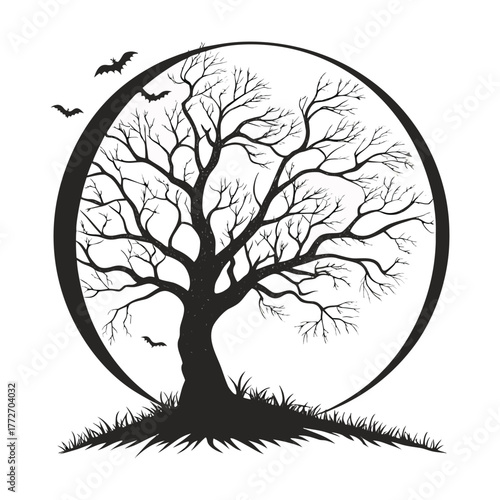 Mysterious silhouette tree encircling a globe with eerie figures hidden within isolated on transparent background