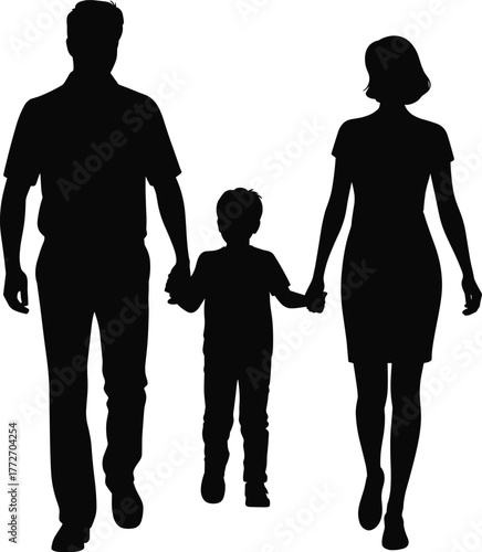 Black and white family silhouette illustration of parents holding child’s hands, representing love, unity, parenting, togetherness, and family relationship