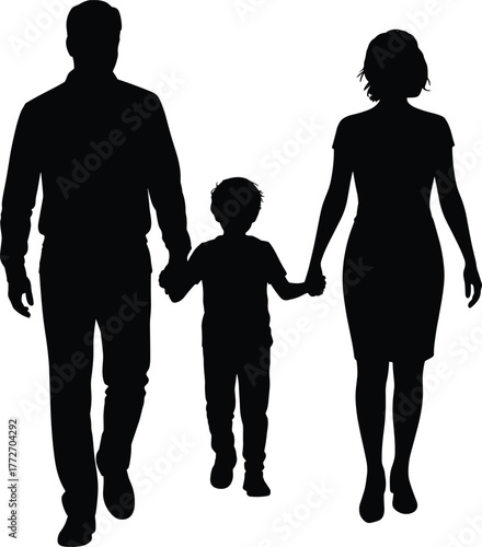 Black and white family silhouette illustration of parents holding child’s hands, representing love, unity, parenting, togetherness, and family relationship