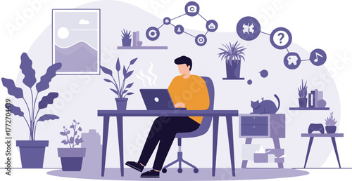 Man working at desk in home office, with digital icons showing connection and solutions, vector illustration