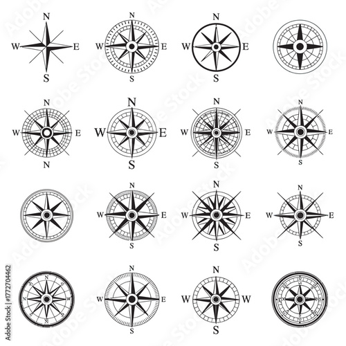 vector illustration of vintage compass icons set for travel and navigation design