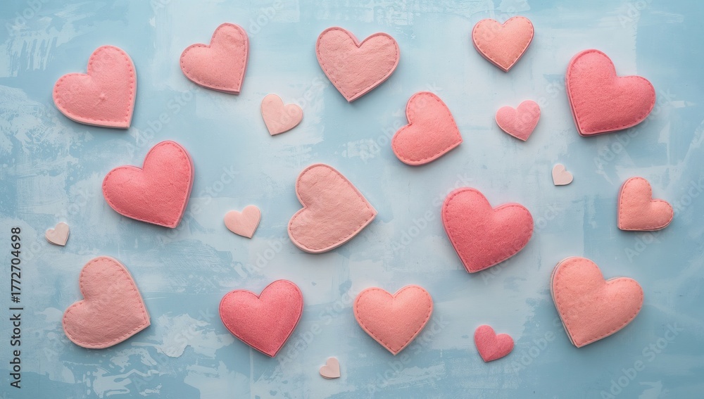 Obraz premium Blue background decorated with felt hearts. Romantic and love concept with space for text. Valentineâ€™s Day flat lay design.