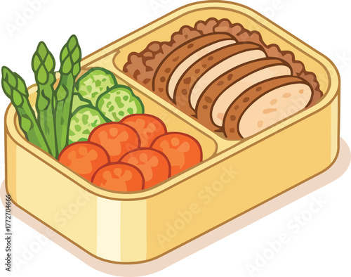 Isometric Bento Box Illustration with Chicken Rice and Vegetables