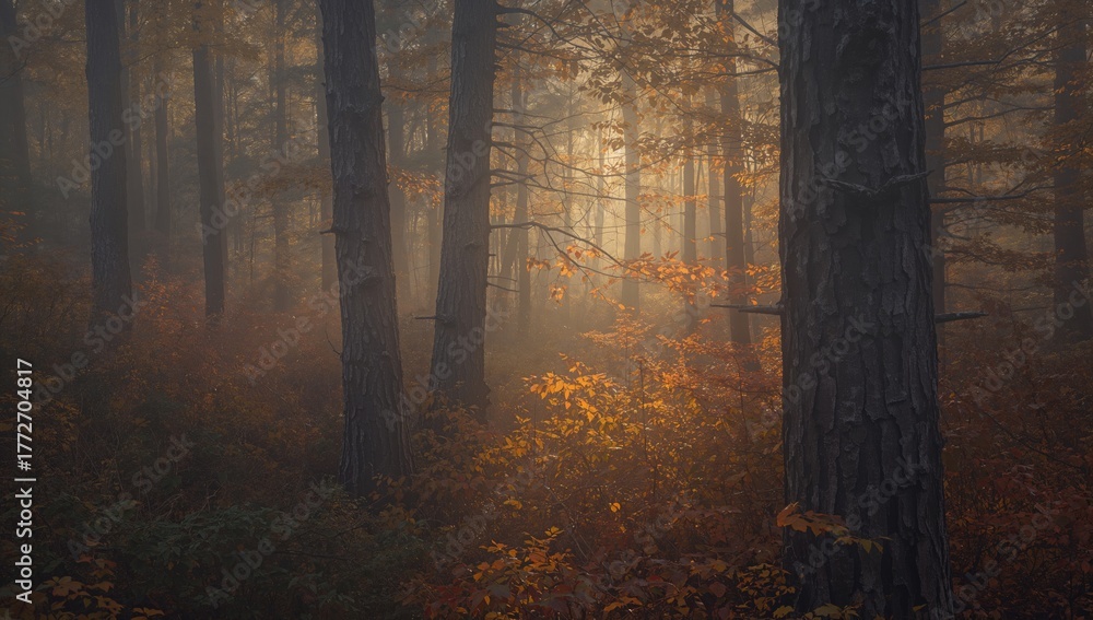Fototapeta premium Foggy dawn in the forest