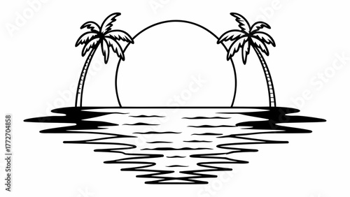 Minimilist a black and white tropical scene with palm trees and a sun setting over the ocean landscape view image vector