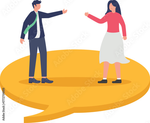 concept of Businessman and woman engaged in a conversation within chat speech bubbles
