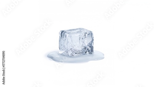 Ice cube melting on a white backdrop with clipping path