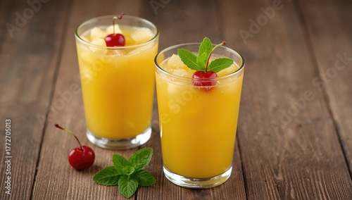 Pineapple juice served with pineapple chunks, cocktail cherries, and fresh mint on a rustic wooden surface, symbolizing a nutritious beverage.