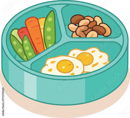 Healthy Bento Box with Vegetables Nuts and Fried Eggs Illustration