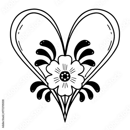 Minimilist outlined heart shape with a centered flower and decorative leaves in black and white illustration vector
