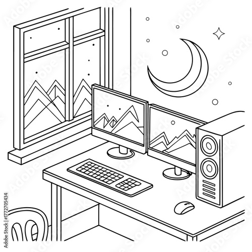 Minimilist isometric view of a desk with dual monitors computer keyboard and mouse under a moonlit night scene vector