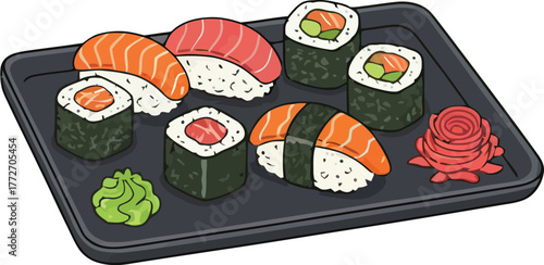 Delicious Assortment of Sushi on a Black Tray with Wasabi and Ginger