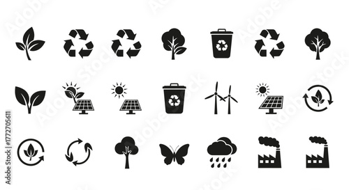Collection of ecology icons representing environmental sustainability and renewable energy sources.