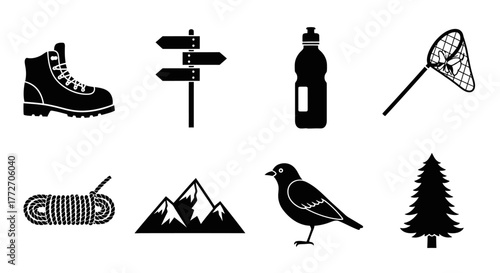 A set of simple icons represents outdoor adventure and exploration activities in monochrome.