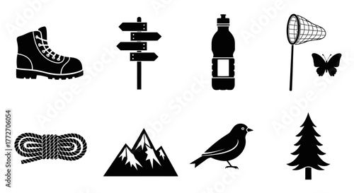 This monochrome compilation showcases essential items for outdoor exploration and nature observation.