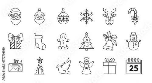 Set of Christmas icons in outline style, including Santa, reindeer, snowflake, and other holiday.