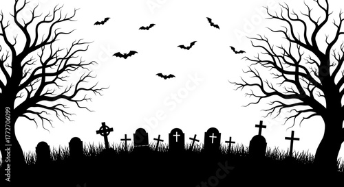 A spooky graveyard scene with silhouettes of tombstones, trees, and bats flying in the night sky.