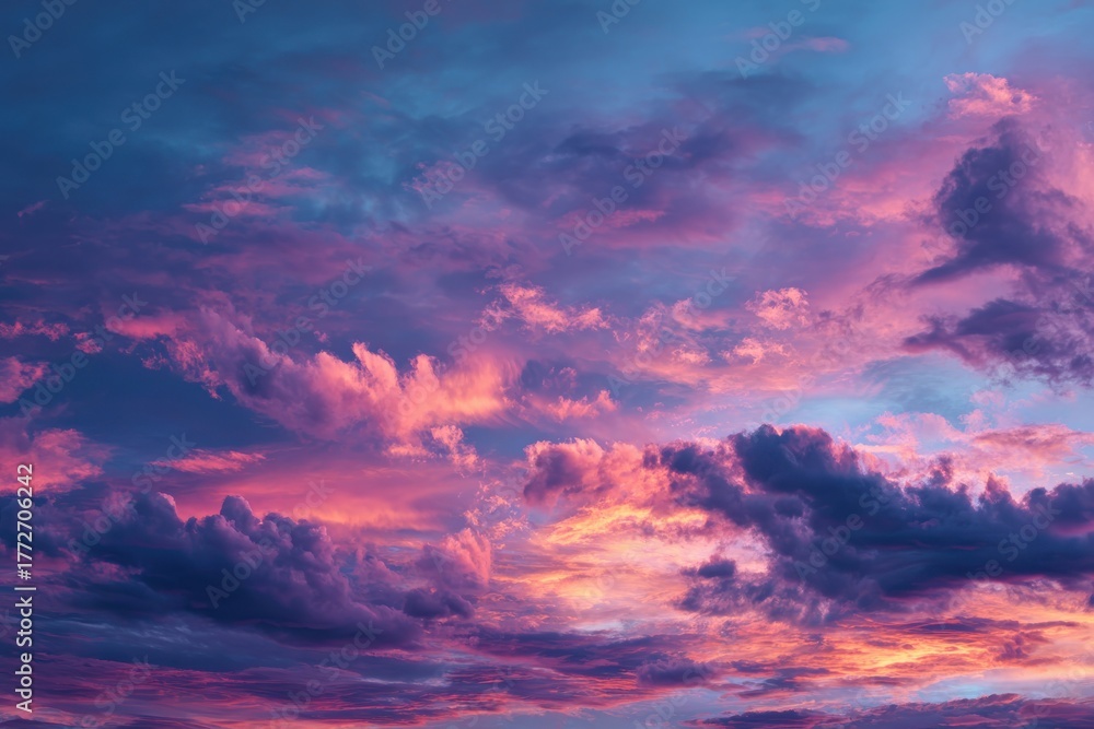 Obraz premium Stunning colorful sky landscape filled with unique cloud shapes in soft pastel pink, purple, and blue hues, creating a serene and magical atmosphere reminiscent of sunrise or sunset