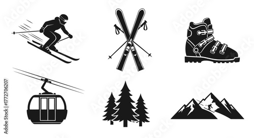 Black and white graphics showcase various winter sports and mountain scenery elements.