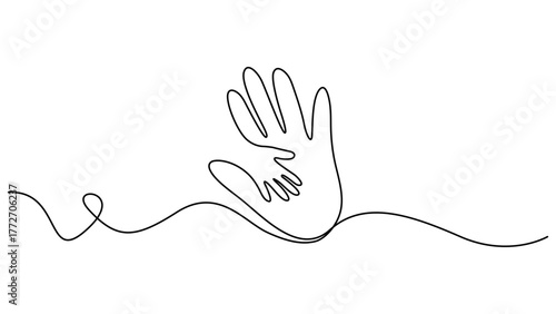 Continuous one line drawing. Abstract family hands holding hearts. Single continuous line drawing parent hands holding newborn baby fingers. Vector illustration