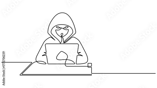 Continuous one line drawing of a Thief hacker. Concept hacking internet. Hacker stealing sensitive data as passwords from a personal computer. Line art vector illustration