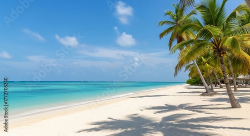 Fototapeta Naklejka Na Ścianę i Meble -  Turquoise water and white sand beach with palm trees and shadows under a blue sky, idyllic tropical paradise landscape