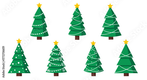 Seven green christmas trees decorated with lights and golden stars are displayed on a white surface.