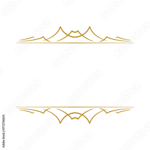 Ornate gold-colored decorative frame element with symmetrical, stylized mountain peak designs on the top and bottom borders.