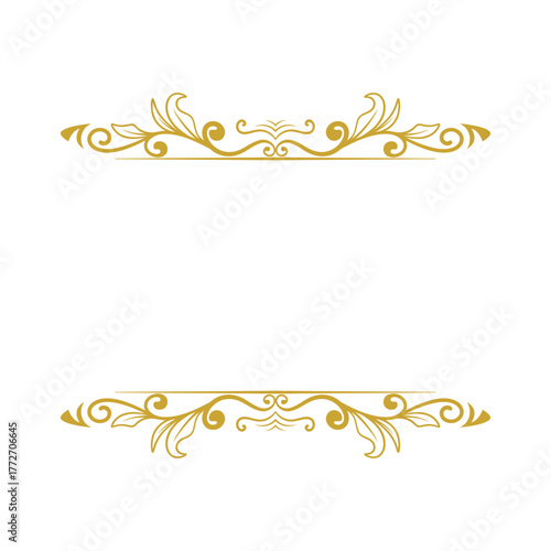Elegant gold floral frame with symmetrical swirling ornaments and leaves, positioned at the top and bottom of a white background.