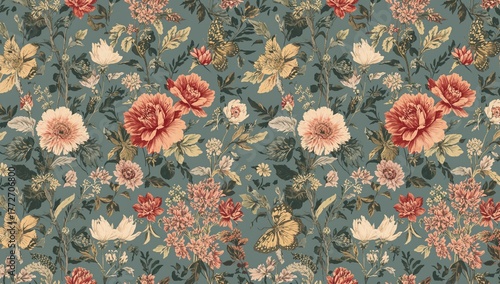 Retro Floral Wallpaper Featuring Charming Butterflies, Abstract Botanical Design for Decorative Prints, Cards, Fabrics, and Digital Use