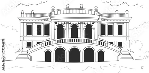 Black and white line drawing of a classical architectural building with arches, columns, and stairs, elegant historic landmark illustration