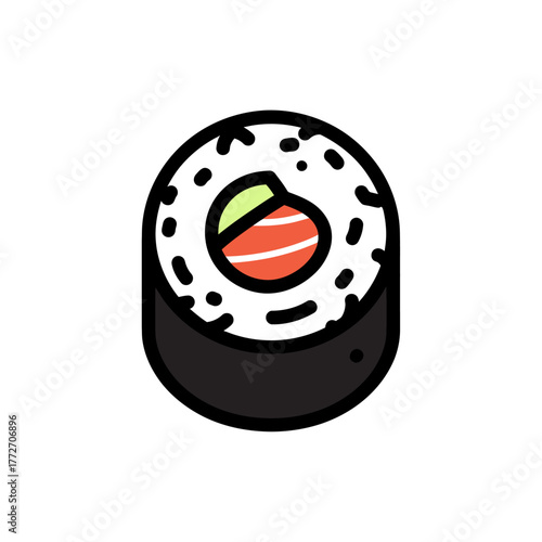 Stylized Japanese Maki Sushi Roll Illustration with Rice, Nori, and Vibrant Fillings.