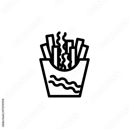 Stylized Line Art Icon of Crispy French Fries in a Paper Container.