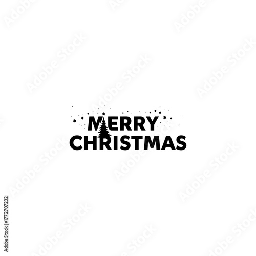 Bold black text proclaims 'MERRY CHRISTMAS' with a festive evergreen tree silhouette replacing the letter 'I' in the word 'CHRISTMAS'.