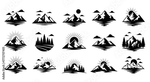 Collection of mountain and nature landscape icons, suitable for outdoor adventure or travel related.