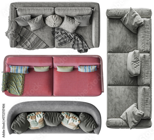 Four highly-detailed 3D sofa renders from a top-down perspective