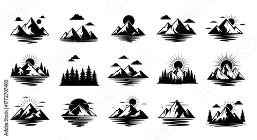 Collection of mountain and nature elements in black and white, ideal for outdoor adventure themes.