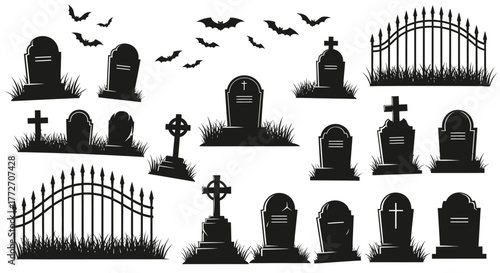 Silhouettes of tombstones, bats, and a fence evoke a spooky Halloween graveyard scene.