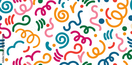vibrant hand-drawn doodles and colorful seamless abstract confetti and swirl lines pattern: vibrant memphis style retro design background