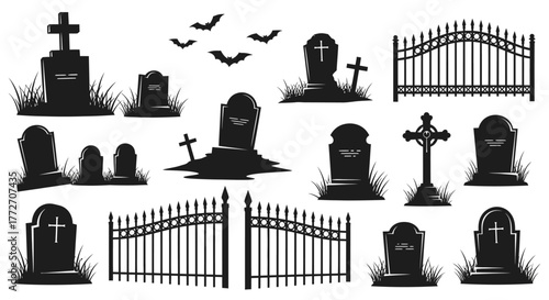 Silhouetted tombstones, crosses, bats, and fences create a spooky graveyard scene, perfect for.