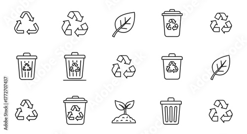 A set of simple icons related to recycling, waste management, and environmental awareness are.
