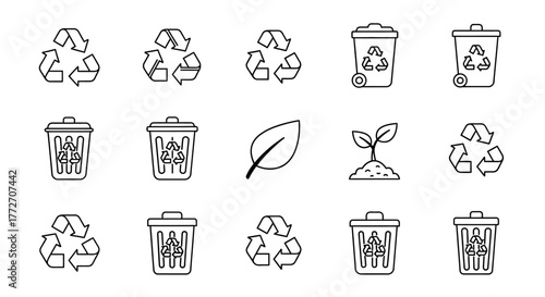 A collection of outlined icons related to recycling, waste, and environmental awareness are.